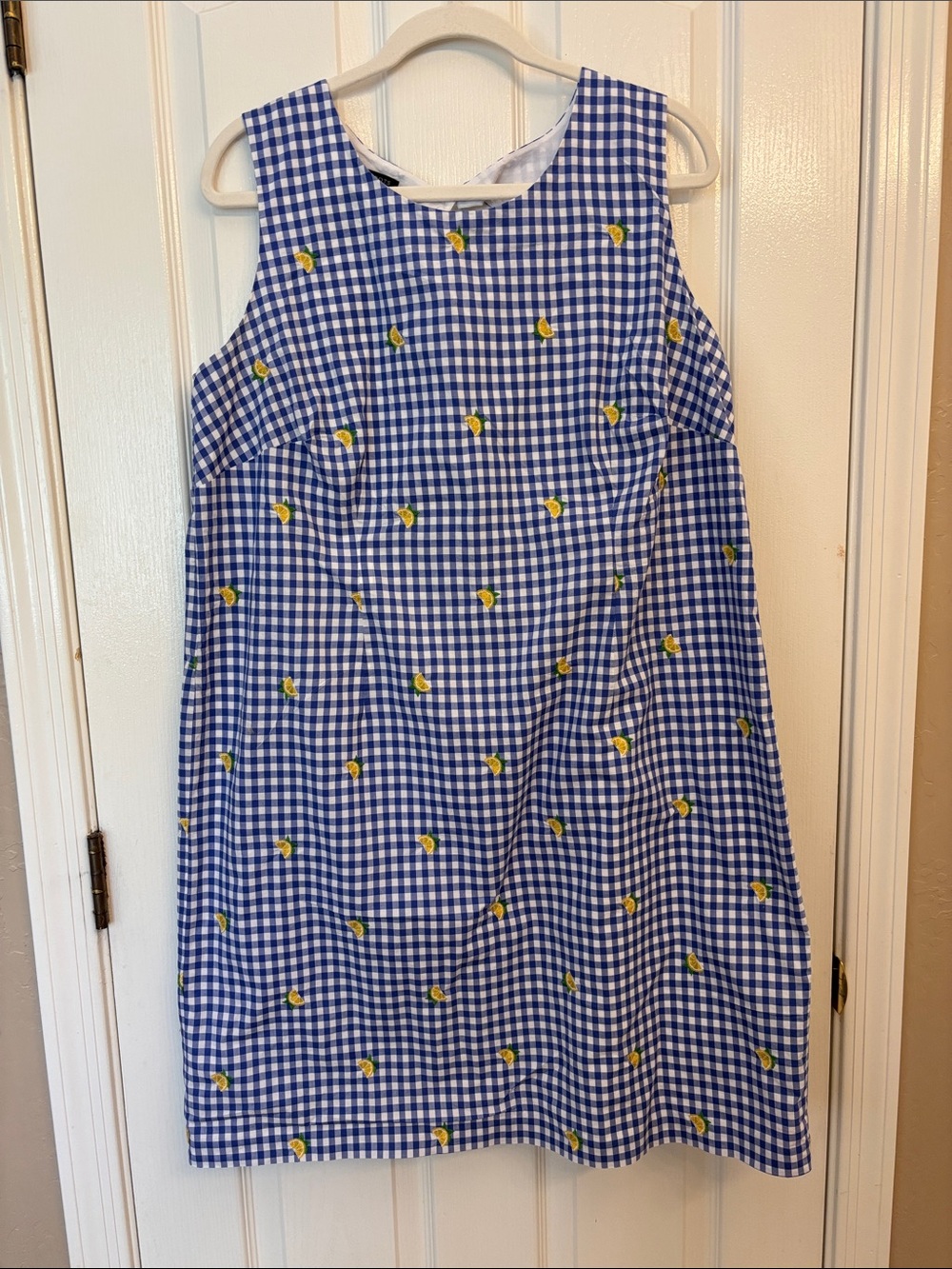 Talbots Lemon & Gingham Shift Dress ~ Petite 14WP ~ 100% Cotton & Embroidered